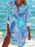 Femmes Marin Vie Bleu Col de Chemise Confortable Robe Mi-Longue Décontracté