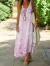 Femmes Floral Rose Col V Confortable Robe Maxi Décontracté