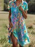 Femmes Floral Vert Col de Chemise Confortable Robe Mi-Longue Décontracté