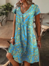Femmes Floral Cyan Col V Confortable Imprimé Robe de Longueur Au Genou Décontracté
