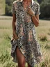 Femmes Floral Brun Col de Chemise Confortable Robe Mi-Longue Décontracté