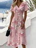 Femmes Floral Rose Col V Confortable Robe Maxi Décontracté