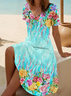 Femmes Floral Comme Image Col V Confortable Robe Mi-Longue Décontracté