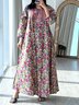 Femmes Floral Bleu Marine Col Rond Confortable Robe Maxi Décontracté
