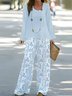 Deux Pièces Ensembles Femmes Décontracté Floral Printemps / Automne Naturel Aucune élasticité Ample Col Rond Top Avec Pantalons Droit