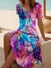 Femmes Floral Violet Col V Confortable Robe Mi-Longue Décontracté