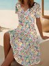 Femmes Floral Rose Col V Confortable Robe Mi-Longue Décontracté