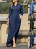 Femmes Plain Bleu Foncé Col Montant Confortable Robe Maxi Décontracté