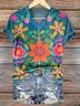 T-shirts Femmes Décontracté Floral Été Polyester Col V Micro-élasticité Manches Courtes Régulier Trapèze