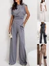Deux Pièces Ensembles Femmes Habillé Plain Été Polyester Micro-élasticité Coupe Régulière Irrégulier Artisanat Top Avec Pantalons Droit