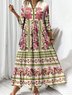Femmes Floral Abricot Col V Confortable Robe Maxi Décontracté
