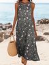 Femmes Floral Noir Col Rond Confortable Robe Maxi Décontracté