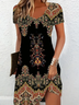 Femmes Floral Noir Col V Confortable Imprimé Robe Mi-Longue Décontracté