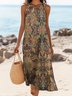Femmes Floral Brun Col Rond Confortable Robe Maxi Décontracté