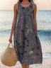 Femmes Floral Noir Col Rond Confortable Robe Mi-Longue Décontracté