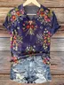 T-shirts Femmes Décontracté Floral Été Col V Micro-élasticité Quotidien Coupe Régulière Trapèze Régulier
