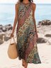 Femmes Floral Brun Col Rond Confortable Robe Maxi Décontracté
