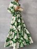 Femmes Floral Blanc-Vert Col V Confortable Robe Maxi Décontracté