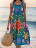 Femmes Floral Bleu Col Rond Confortable Robe Mi-Longue Décontracté