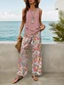 Deux Pièces Ensembles Décontracté Floral Été Imprimé Aucune élasticité Sans Manches Top Avec Pantalons Trapèze Régulier pour Femmes