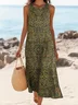 Femmes Floral Brun Col Rond Confortable Robe Maxi Décontracté