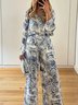 Deux Pièces Ensembles Femmes Vacances Plantes Printemps / Automne Coton Naturel Coupe Régulière Manches Longues Top Avec Pantalons Col de Chemise
