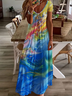 Femmes Abstrait Bleu Col V Confortable Imprimé Robe Maxi Décontracté