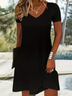Femmes Plain Noir Col V Confortable Robe Mi-Longue Décontracté