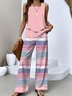 Deux Pièces Ensembles Femmes Rayé Décontracté Été Polyester Coupe Régulière Col Rond Top Avec Pantalons Trapèze Régulier