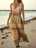 Femmes Floral Brun Col V Confortable Robe Maxi Décontracté