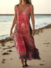 Femmes Floral Rouge Col V Confortable Robe Maxi Décontracté