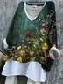 Chemises Femmes Décontracté Floral Printemps / Automne en Lin Col V Manches Longues Régulier Trapèze Régulier