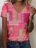 T-shirts Femmes Décontracté Floral Été Coton Col V Micro-élasticité Coupe Régulière Trapèze Régulier
