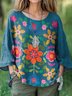Chemises Rétro Floral Printemps / Automne en Lin Micro-élasticité Coupe Régulière Manches Longues Régulier Trapèze pour Femmes