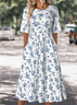 Femmes Floral Bleu Col Rond Confortable Robe Maxi Décontracté