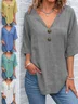 Blouses Simple Plain Été en Lin Col V Demi Manche Régulier Trapèze Régulier pour Femmes