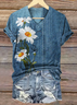 T-shirts Décontracté Floral Été Col V Micro-élasticité Quotidien Coupe Régulière Manches Courtes Régulier pour Femmes