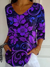 T-shirts Femmes Décontracté Floral Printemps / Automne Polyester Col V Imprimé Quotidien Manches trois quarts Ligne T