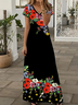 Femmes Floral Noir Col V Confortable Imprimé Robe Maxi Décontracté