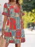 Femmes Floral Rouge Col V Confortable Robe Mi-Longue Décontracté