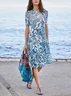 Femmes Floral Blanc Col Rond Confortable Robe Mi-Longue Décontracté