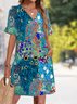 Femmes Floral Bleu Col V Confortable Robe Mi-Longue Décontracté