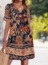 Femmes Floral Noir Col V Confortable Robe Mi-Longue Décontracté