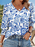 T-shirts Décontracté Floral Printemps / Automne Coton Col V Quotidien Coupe Régulière Manches Longues Trapèze pour Femmes