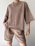 Deux Pièces Ensembles Décontracté Plain Été Micro-élasticité Quotidien Pull-over Col Rond Droit Ensembles courts pour Femmes