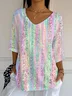 T-shirts Ombre Décontracté Printemps / Automne Micro-élasticité Vacances Coupe Régulière Manches trois quarts Col Rond Régulier pour Femmes