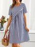 Femmes Rayé Bleu Col Rond Confortable Robe Mi-Longue Décontracté