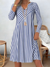 Femmes Rayé Bleu Col V Confortable Imprimé Robe Mi-Longue Rétro
