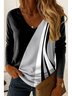T-shirts Décontracté Bloc de Couleur Printemps / Automne Coton Col V Quotidien Manches Longues Droit Régulier pour Femmes
