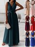 Femmes Plain Vert Foncé Col V Confortable Joint Fendu Robe Maxi Rétro
